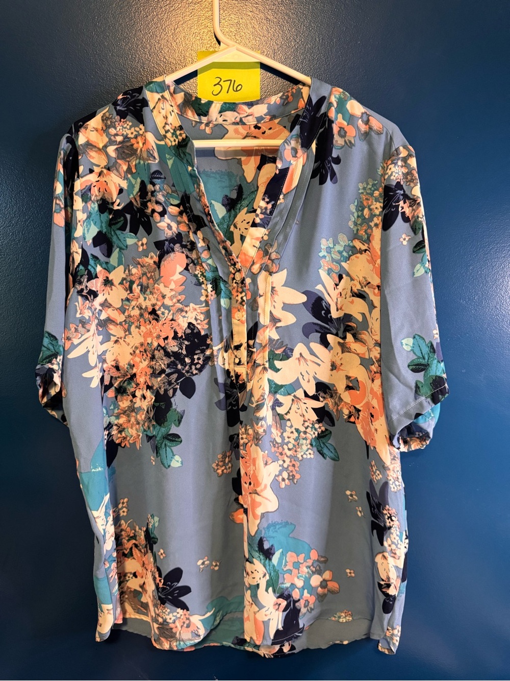 Light Blue Floral V-Neck Blouse with Short Sleeves